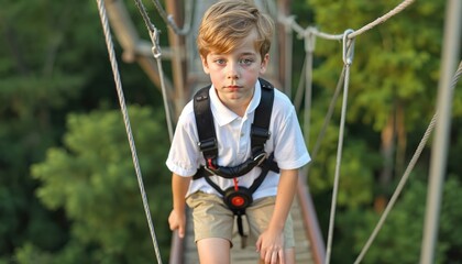 Young boy wearing safety harness walks on rope bridge in adventure park. Kid enjoys outdoor summer holiday activity, facing challenge with bravery and balance.