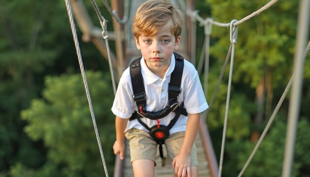 Young boy wearing safety harness walks on rope bridge in adventure park. Kid enjoys outdoor summer holiday activity, facing challenge with bravery and balance.