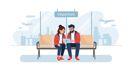 Couple Using Laptop In Airport Waiting Room Before Departure Time