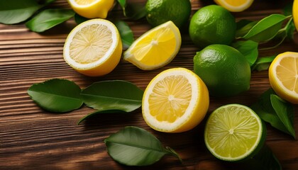 fresh lemons and lime slices scattered on wooden surface with citrus leaves in vibrant composition