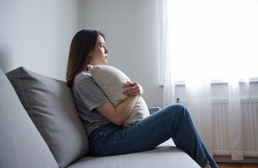 Obraz premium Pensive young woman hugs cushion, seated on couch at home, staring out window with sad thoughts. Reflects on breakup, feels lonely, frustrated, misses partner, experiencing solitude, deep melancholy.