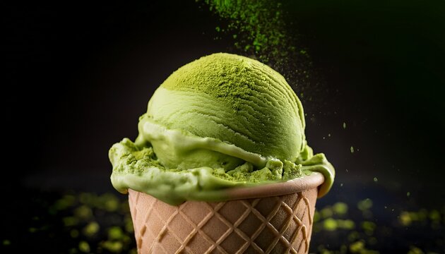 creamy matcha ice cream rotating and creating a pattern with powder on top