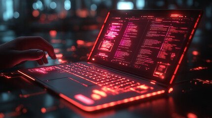 Floating app icons and source code snippets swirling around a glowing laptop