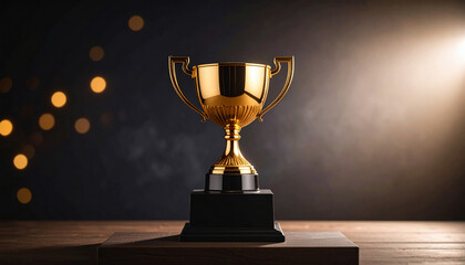 A shiny gold trophy stands on a wooden surface, illuminated by a spotlight with bokeh lights in the background, symbolizing success and achievement.