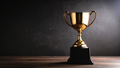 A shiny gold trophy cup with handles stands on a wooden surface against a dark background, symbolizing achievement and success.