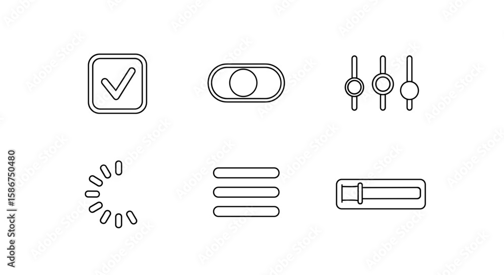Aufkleber depiction of a series of user interface icons including checkmarks, toggles, and sliders displayed