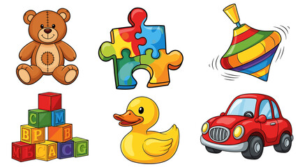 Collection of toys featuring a teddy bear, puzzle, spinning top, blocks, duck, and a red toy car