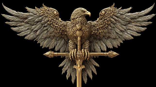 glorious eagle holding golden sword on black background