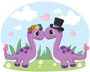 couple dinosaur Brachiosaurus.  Valentines day card.