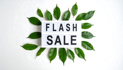 A flat lay of a white lightbox displaying "Flash Sale" surrounded by fresh green leaves
