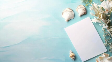  Beach-themed wedding menu mockup with seashells and flowers on blue background for romantic event design