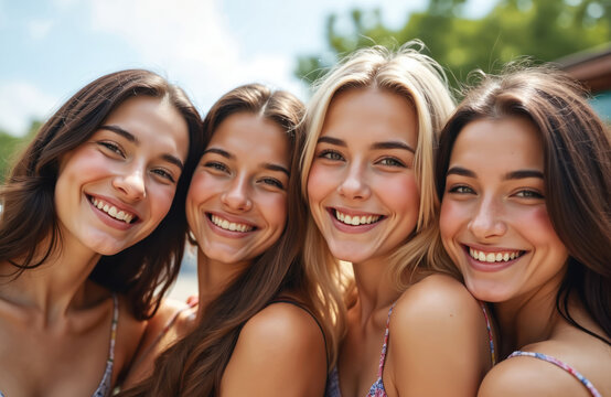 Four smiling young women friends, diverse gen z and teens, enjoy summer holiday vacation. Sunshine and happiness on faces, posing together outdoors. Captures youth, friendship, travel. - Powered by Adobe