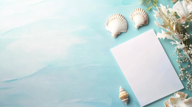  Beach-themed wedding menu mockup with seashells and flowers on blue background for romantic event design