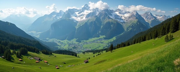 Expansive view of Bavarian Alps with snow-capped mountains, rich green valleys. Traditional wooden houses dot grassy slopes. Serene panorama of German landscape with clear blue sky, fluffy clouds.