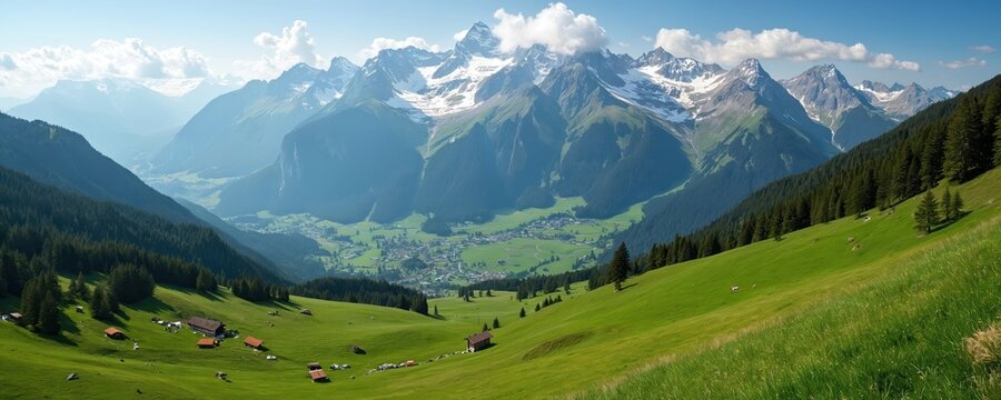 Expansive view of Bavarian Alps with snow-capped mountains, rich green valleys. Traditional wooden houses dot grassy slopes. Serene panorama of German landscape with clear blue sky, fluffy clouds. - Powered by Adobe