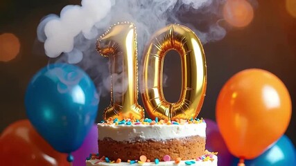 10th Birthday Cake with Gold Balloon Numbers – Sprinkles, Colored Balloons, and Mist on White Background Celebration Scene
