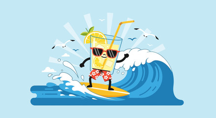 Cheerful Lemonade Character Enjoying Summer Surfing Adventure On Tropical Ocean Wave
