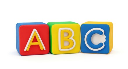 Three colorful 3 D alphabet blocks A B C in a row on white background plastic 3d abstract