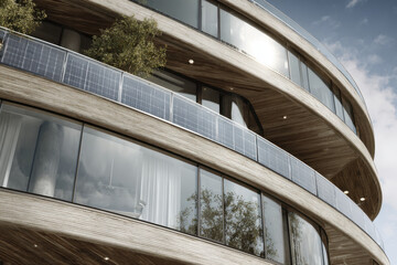 Obraz premium closeup view of modern wooden building facades showcasing integration of solar panels in design