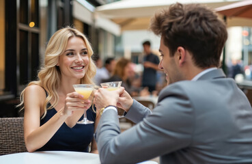 Happy business couple enjoys cocktails at an outdoor cafe, toasting after work. Woman in dark dress, man in suit. They smile, talk, relax. Casual attire, friendship, relationship, enjoying drinks.