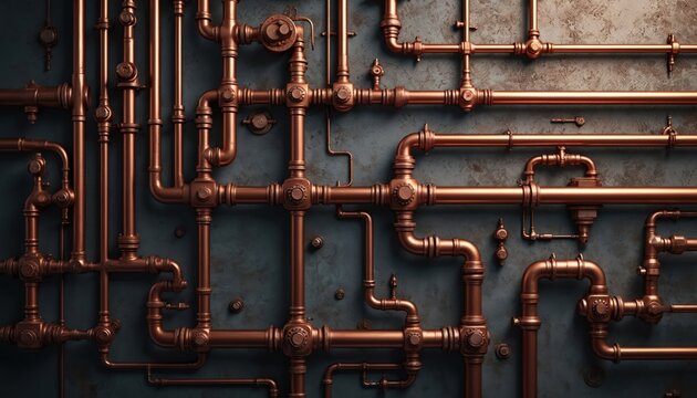 Intricate network of copper pipes fills frame against dark textured background. Detailed metal structure plumbing, industrial connections, engineering elements. Complex system of tubing, pipelines