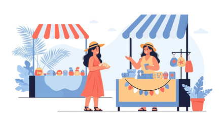 Cheerful Scene At A Local Market With Women Promoting Products Stand