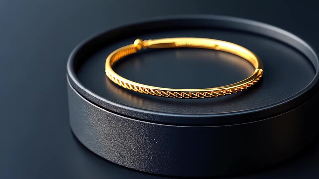 Golden Adornment: Exquisite gold bracelet resting on a sleek, dark surface, its intricate design reflecting the light and embodying luxury and elegance.