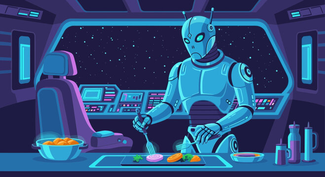Futuristic Android Chef Preparing Gourmet Meal In Spaceship With Starry View