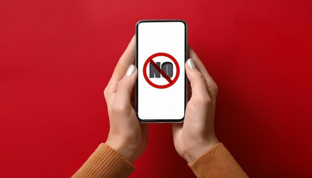 hands holding smartphone with no silence message on red background
