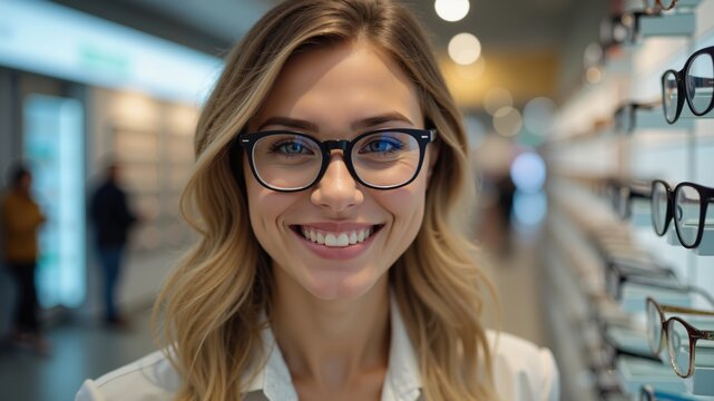 Close-up of a gorgeous young woman smiling while choosing eyeglasses at an optician in a shopping mall. Happy beautiful woman shopping for glasses
- Powered by Adobe