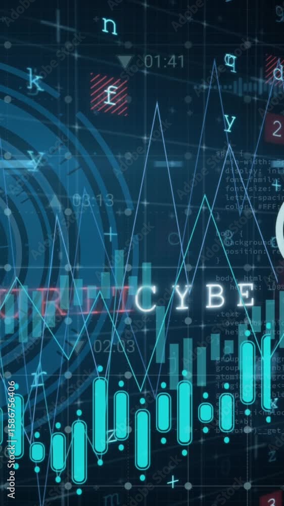 Poster animation of digital icons and round scanner against cyber security data processing