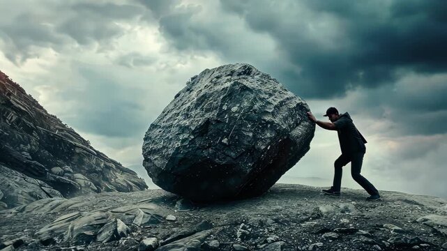 Uphill Struggle: A lone figure battles against adversity, pushing a colossal boulder uphill, embodying perseverance and resilience against a dramatic, clouded sky.