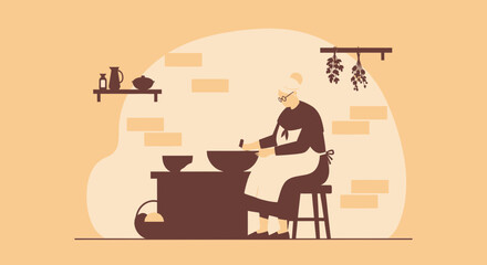 Grandmother Prepares Traditional Recipes In a Vintage Kitchen Setting Illustration