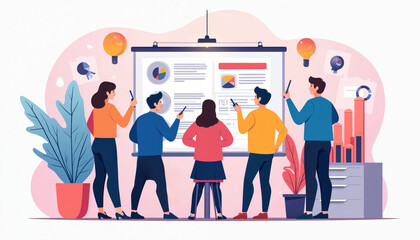 Fototapeta premium Diverse team collaborates on innovative ideas during business meeting, using technology and charts for analysis. Brainstorming session promotes creativity, planning, and growth in modern workspace.