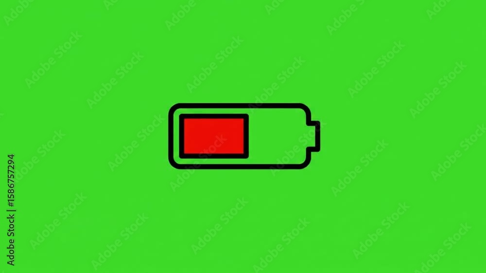 Aufkleber illustration of a battery with a red indicator on a green background showing low power status