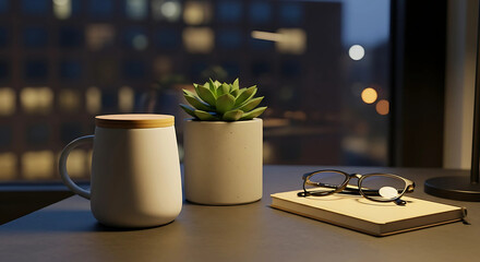 A modern desk setup features a succulent, mug, notebook, and glasses against a backdrop of a city view at night, creating a cozy and productive workspace atmosphere