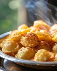 Hot, freshly fried puris for pani puri, an iconic Indian street food. Crisp, golden shells with spicy topping, ready to be filled. Served hot at local food stalls
