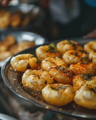 Classic pani puri served at a street stall. Hollow crisp puris filled with spicy, tangy water, herbs, and seasoning. A favorite Indian snack with bold flavors
