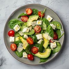 Spinach salad with feta, avocado slices, cherry tomatoes, and Parmesan shavings, lightly drizzled with olive oil and cracked pepper. Ideal for a nutritious, low-carb diet meal