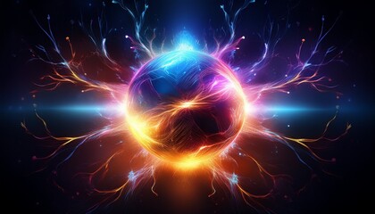 Obraz premium abstract glowing energy sphere with vibrant lightning effects and dark background