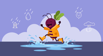 Obraz premium Happy Beet Wearing A Raincoat Splashing In Puddles On A Rainy Day