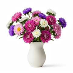 Obraz premium Elegant floral arrangement with aster in ceramic vase isolated on white