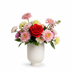 Obraz premium Elegant floral arrangement with rose in ceramic vase isolated on white