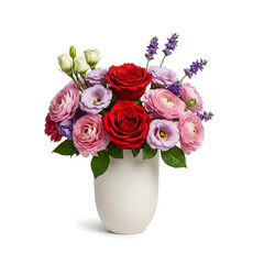 Obraz premium Elegant floral arrangement with rose in ceramic vase isolated on white