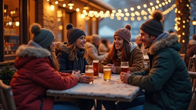 Young friends relaxing and chatting on the restaurant's courtyard. Happy people having fun together in a bar in winter clothes. Winter weekend concept
