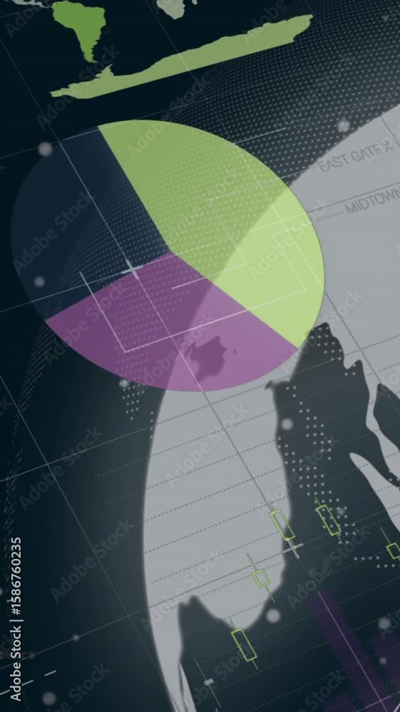 Poster animation of multicolored infographic interface and rotating globe over black background