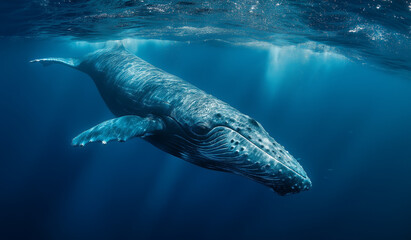 Naklejka premium Blue whale tail in the ocean, marine life photography, whale, 