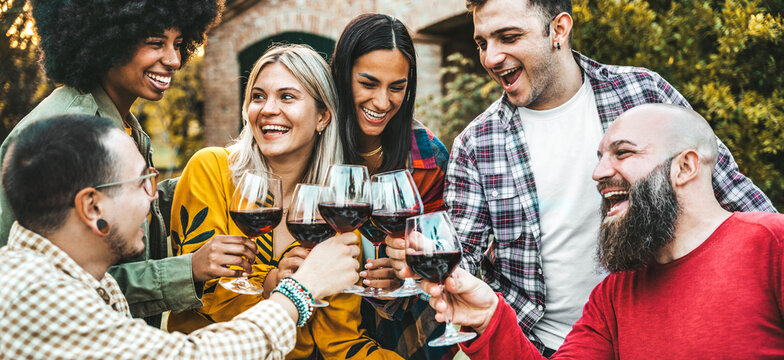 Happy friends drinking red wine at farm house vineyard countryside - Group of young people enjoying lunch break together outside - Hands holding wineglasses at sunset golden hour