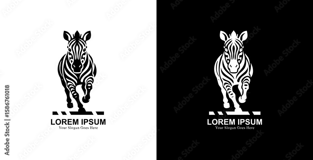 Poster logo design in the form of a running zebra with a front view
