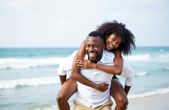 Happy African couple enjoys sunny beach vacation, embracing romance with piggyback ride. Their joyful expressions, ocean backdrop create perfect scene for anniversary celebrations, summer holidays.